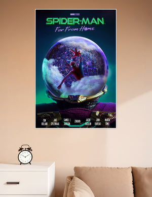 Spider-Man Far From Home Marvel Studios movie poster featuring Spider-Man inside Mysterio's glowing fishbowl helmet with a cityscape globe on a teal background