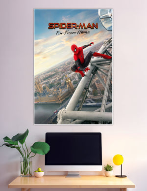 Spider-Man Far From Home movie poster showing Spider-Man clinging to the London Eye with Big Ben and the Thames River visible in the background at sunset