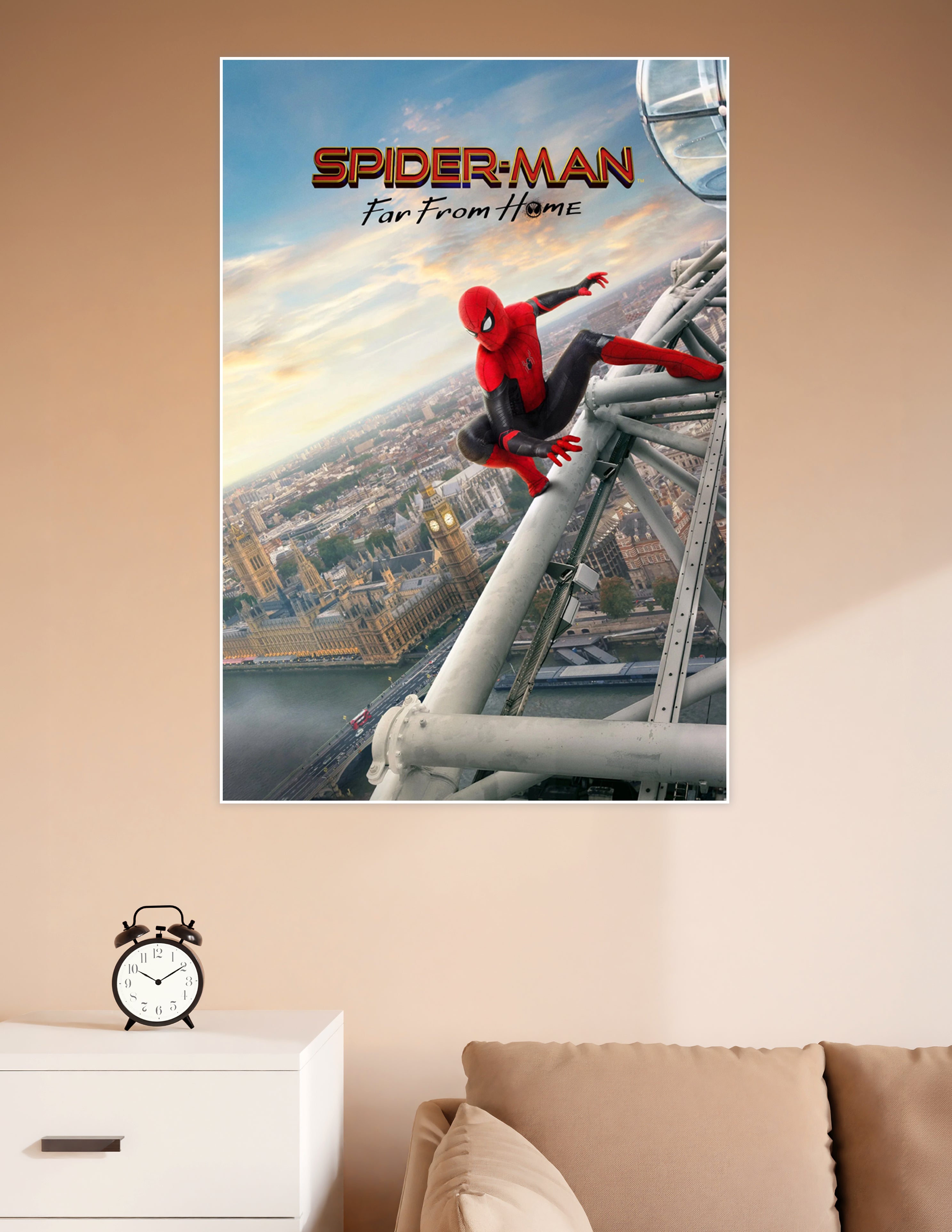 Spider-Man Far From Home movie poster showing Spider-Man clinging to the London Eye with Big Ben and the Thames River visible in the background at sunset