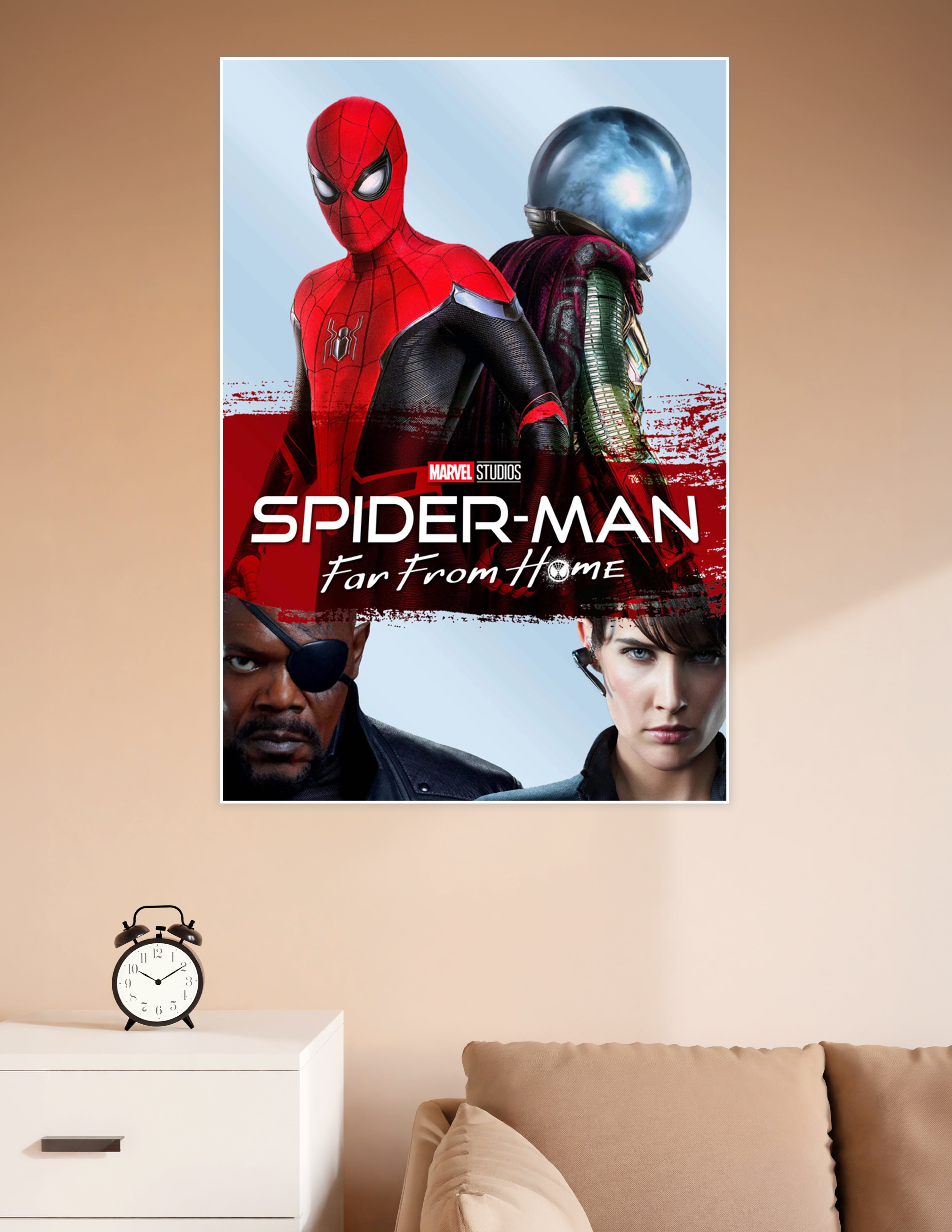 Spider-Man Far From Home Marvel Studios movie poster featuring Spider-Man in red suit, Mysterio, Nick Fury with eye patch, and Maria Hill on a bold red and blue background