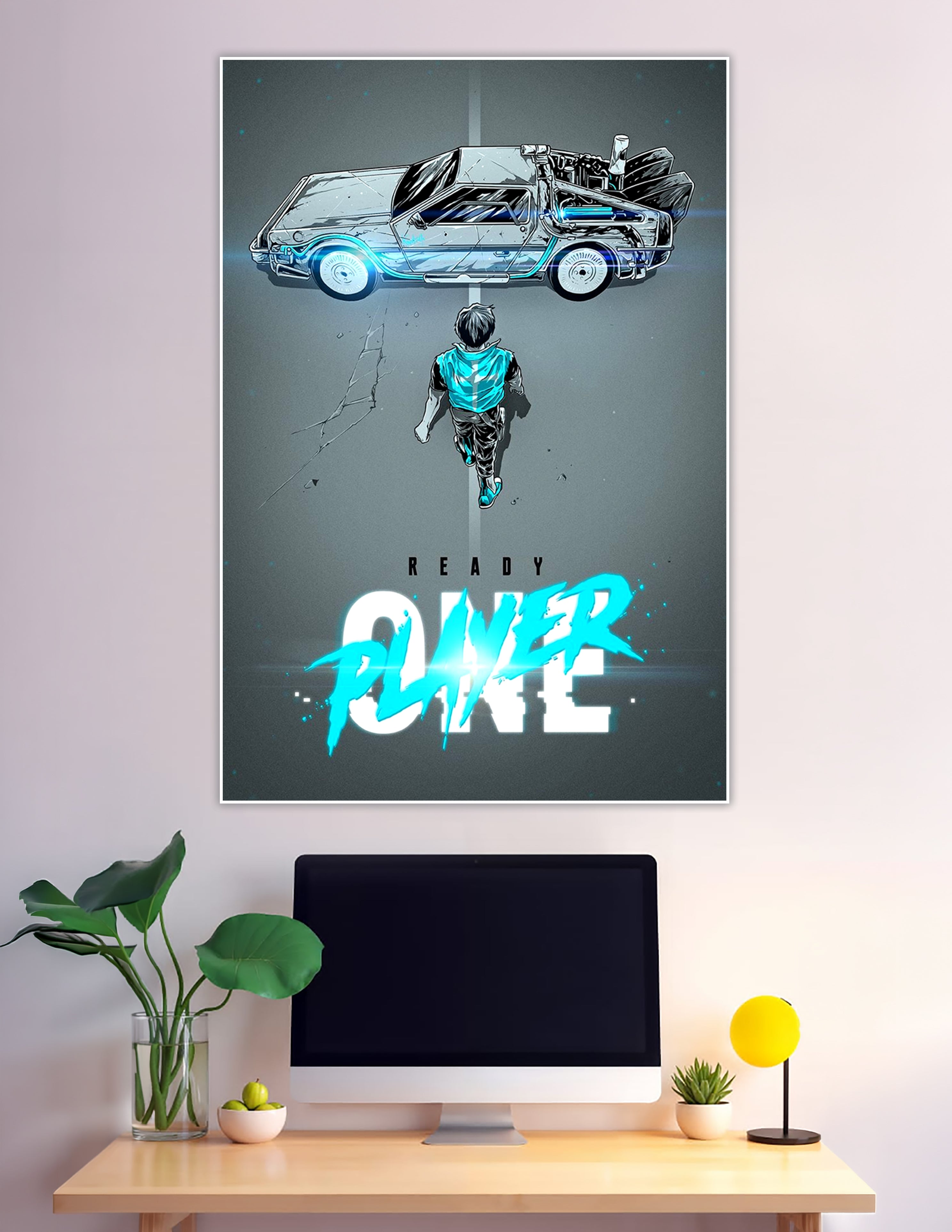 Ready Player One illustrated poster with glowing DeLorean