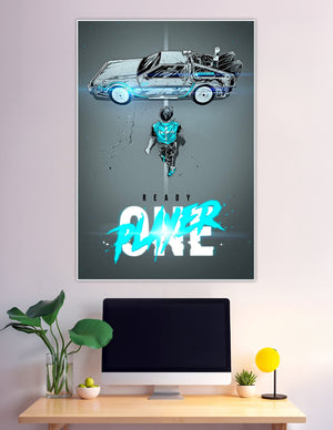 Ready Player One illustrated poster with glowing DeLorean