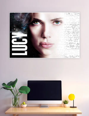 Lucy movie poster with galaxy eyes and math equations