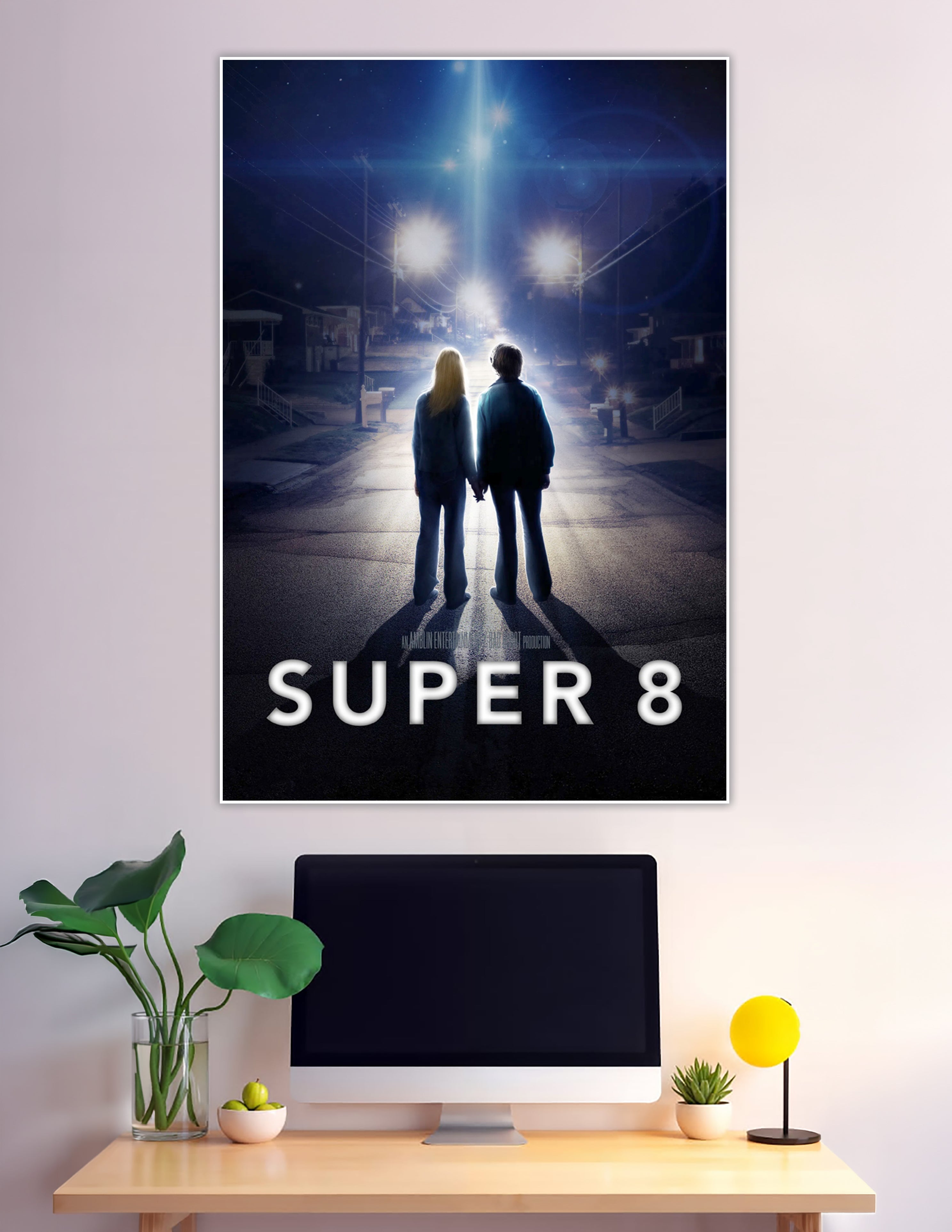 Super 8 movie poster two children facing mysterious glowing light