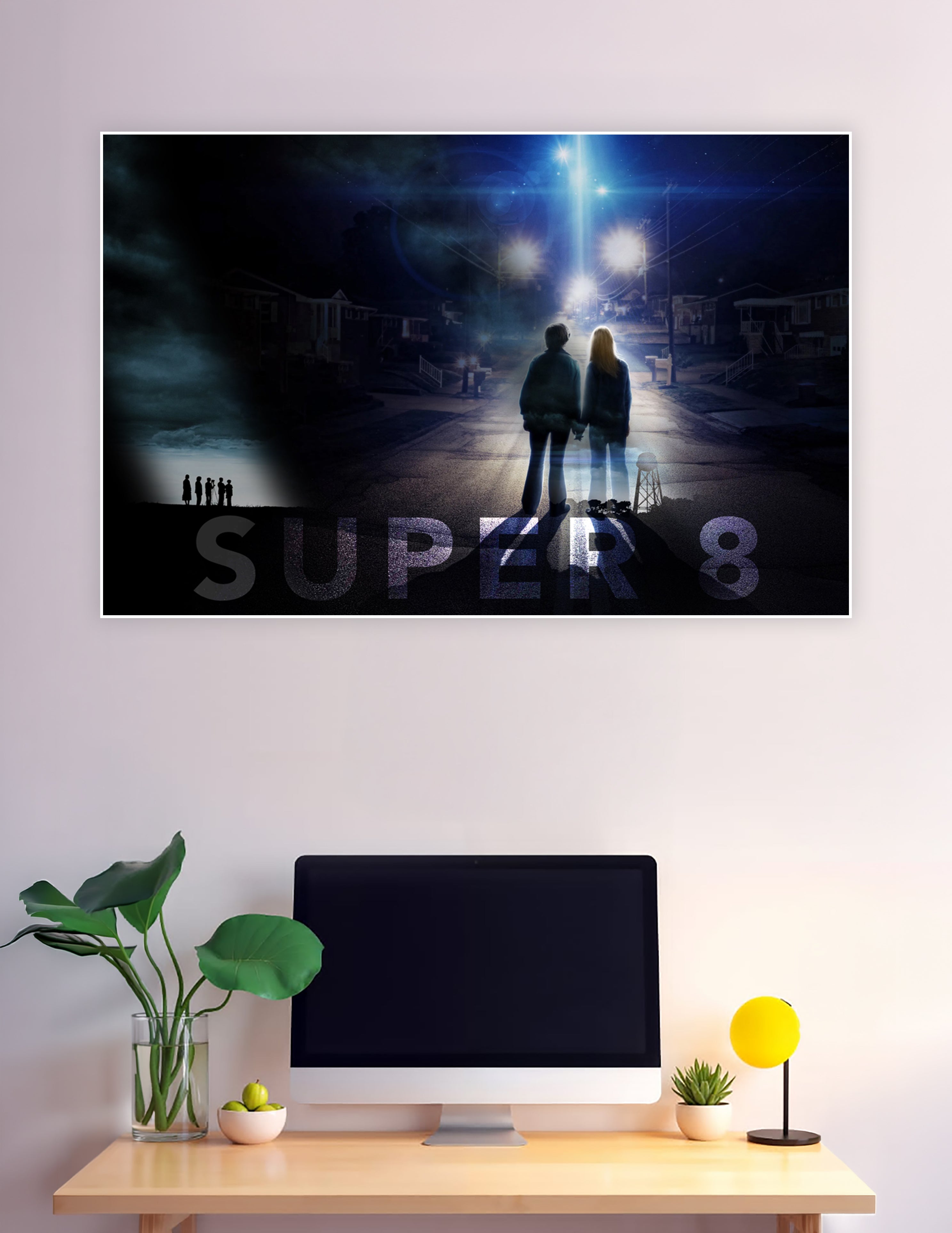 Super 8 movie poster with glowing alien beam at night