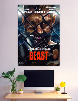 Beast movie poster with MMA fighter behind cage fence