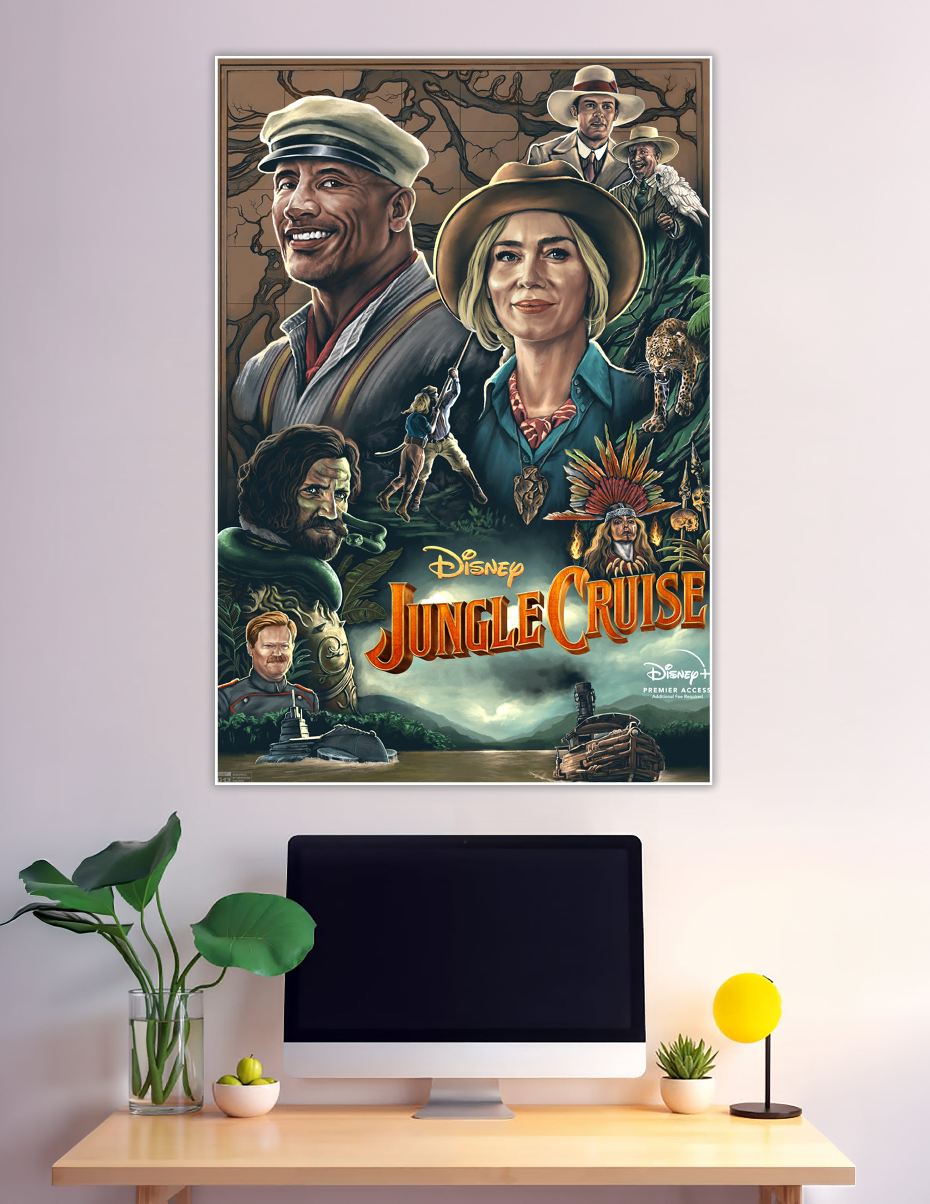 Disney Jungle Cruise illustrated movie poster with full cast