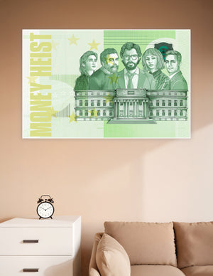 Money Heist cast illustrated in euro banknote engraving style