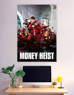 Money Heist Netflix series cast in red jumpsuits armed