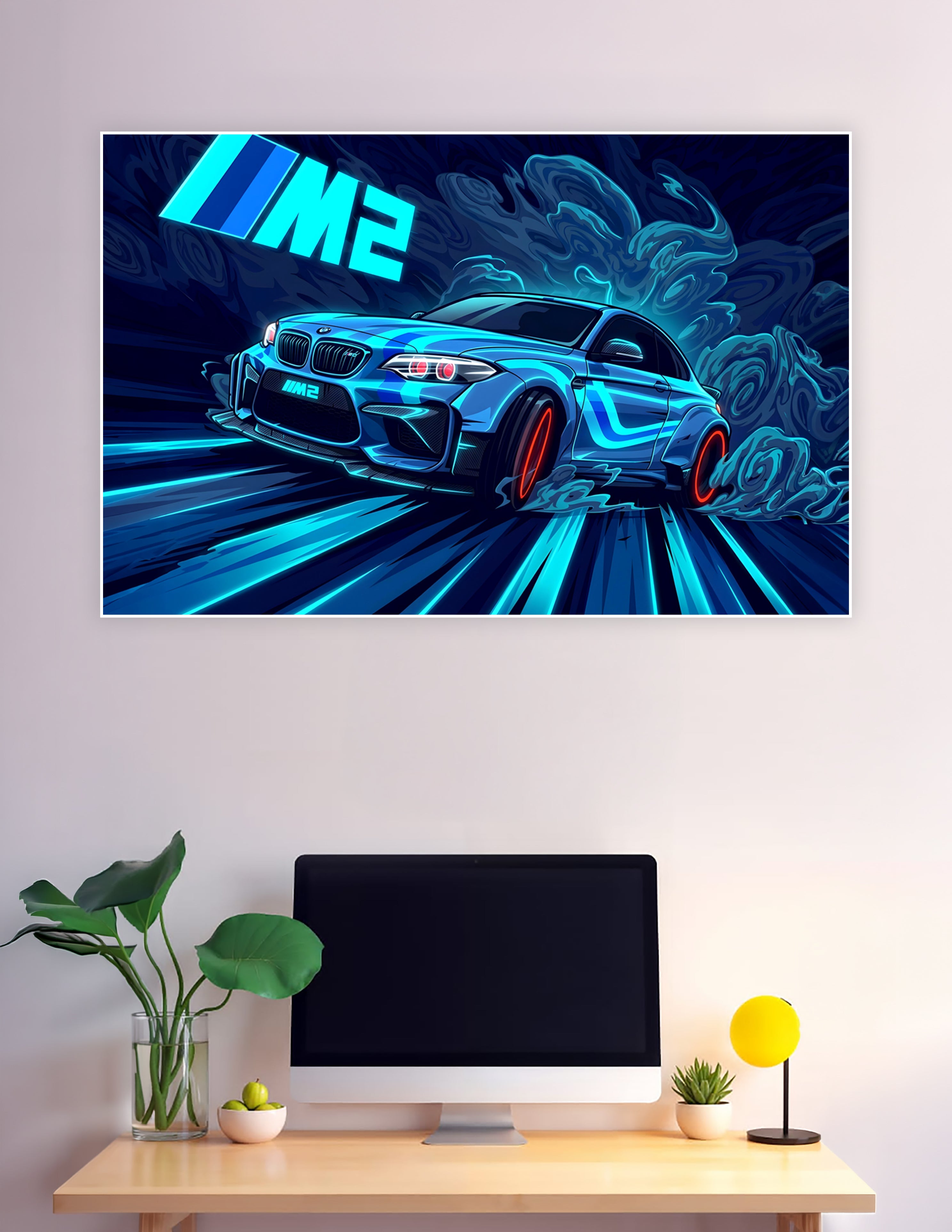 BMW M2 neon blue drift comic art poster