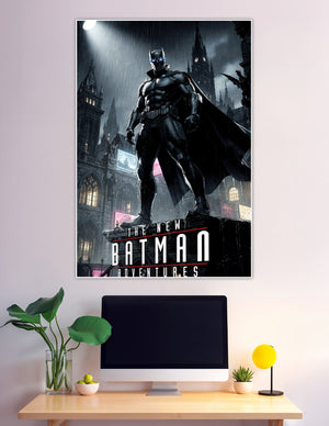 Batman standing over rainy gothic Gotham City night
