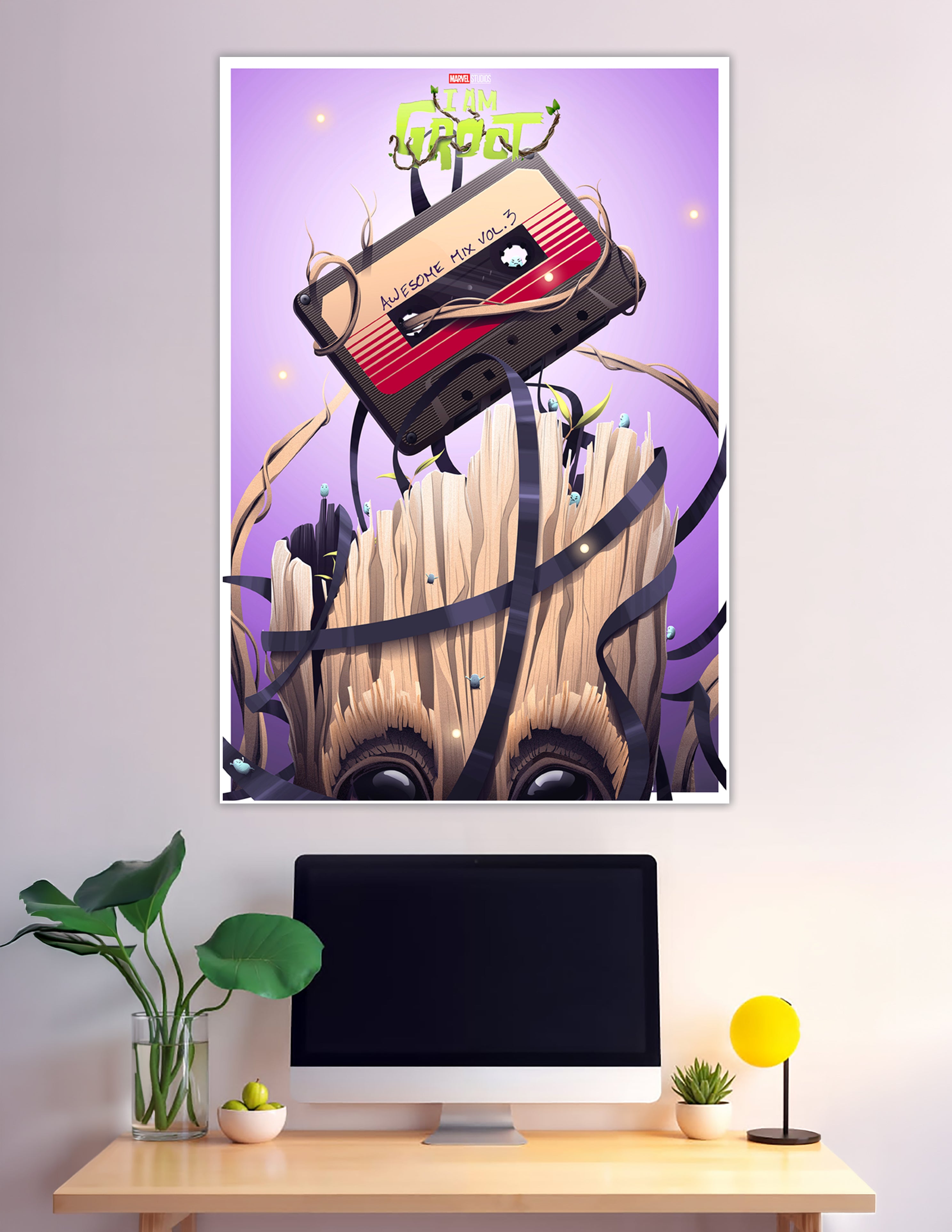 I Am Groot holding Awesome Mix Vol 3 cassette tape poster