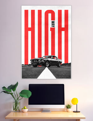 Bold red highway typography poster with classic Ford Mustang