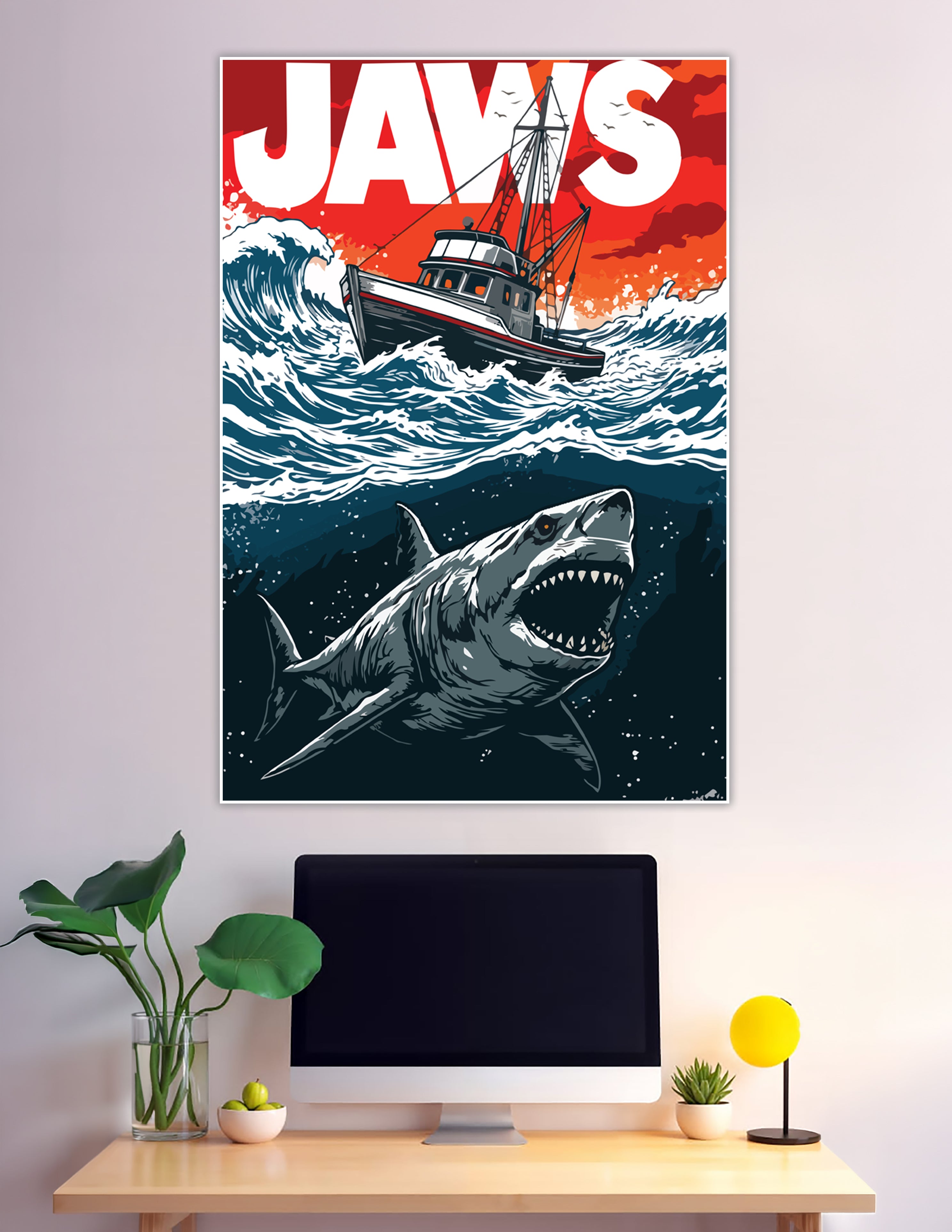 Retro Jaws movie poster with great white shark and boat