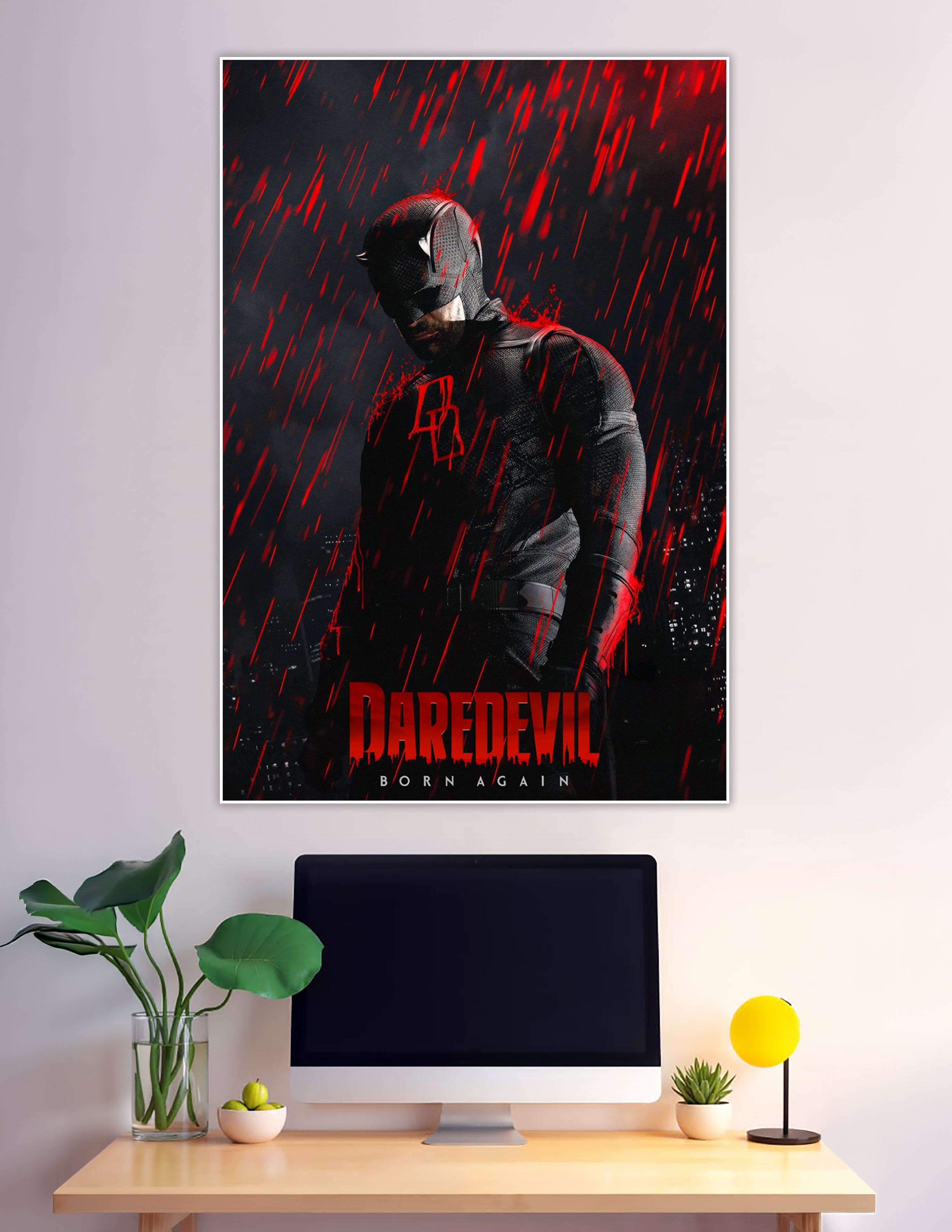 Daredevil Born Again poster with red rain cityscape