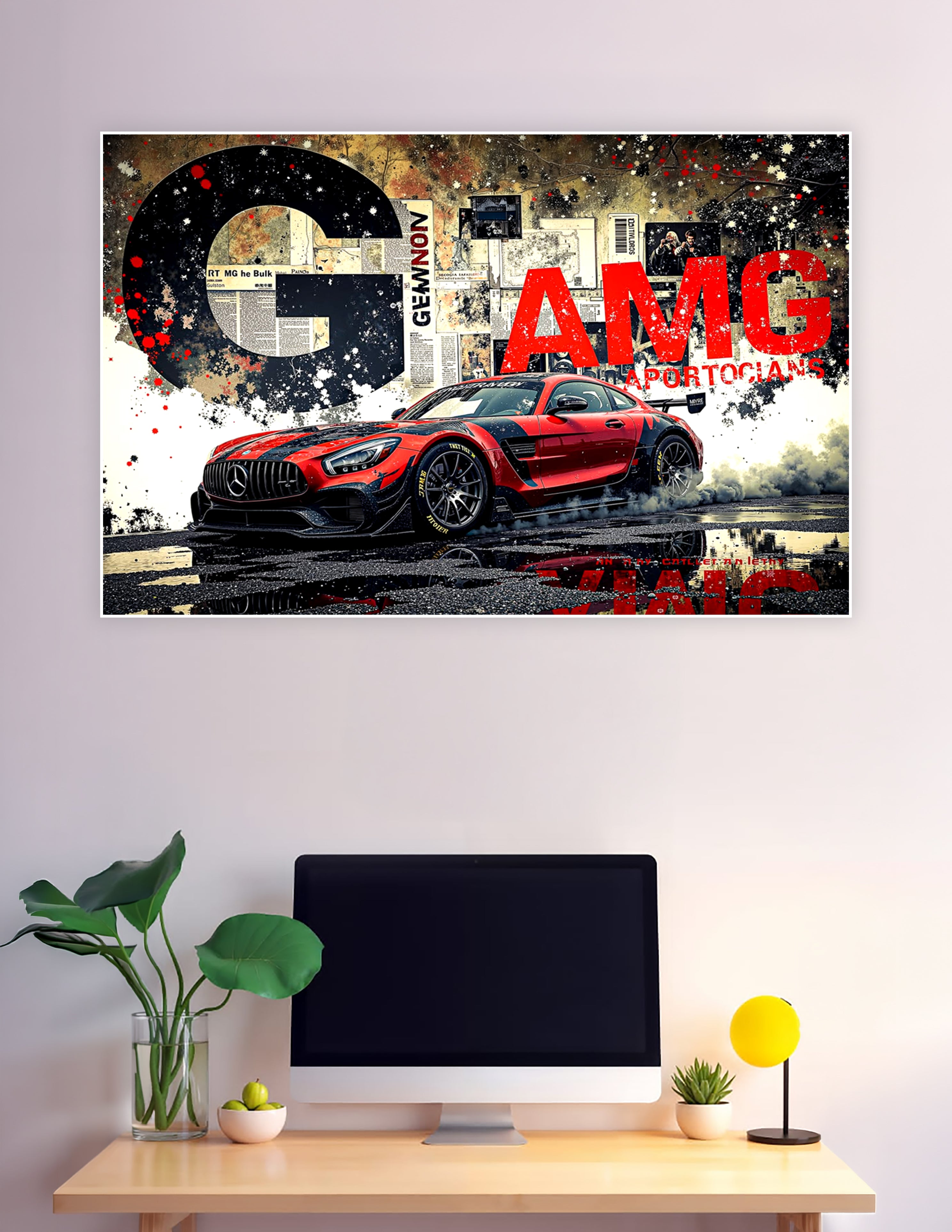 Red Mercedes AMG GT race car grunge collage poster