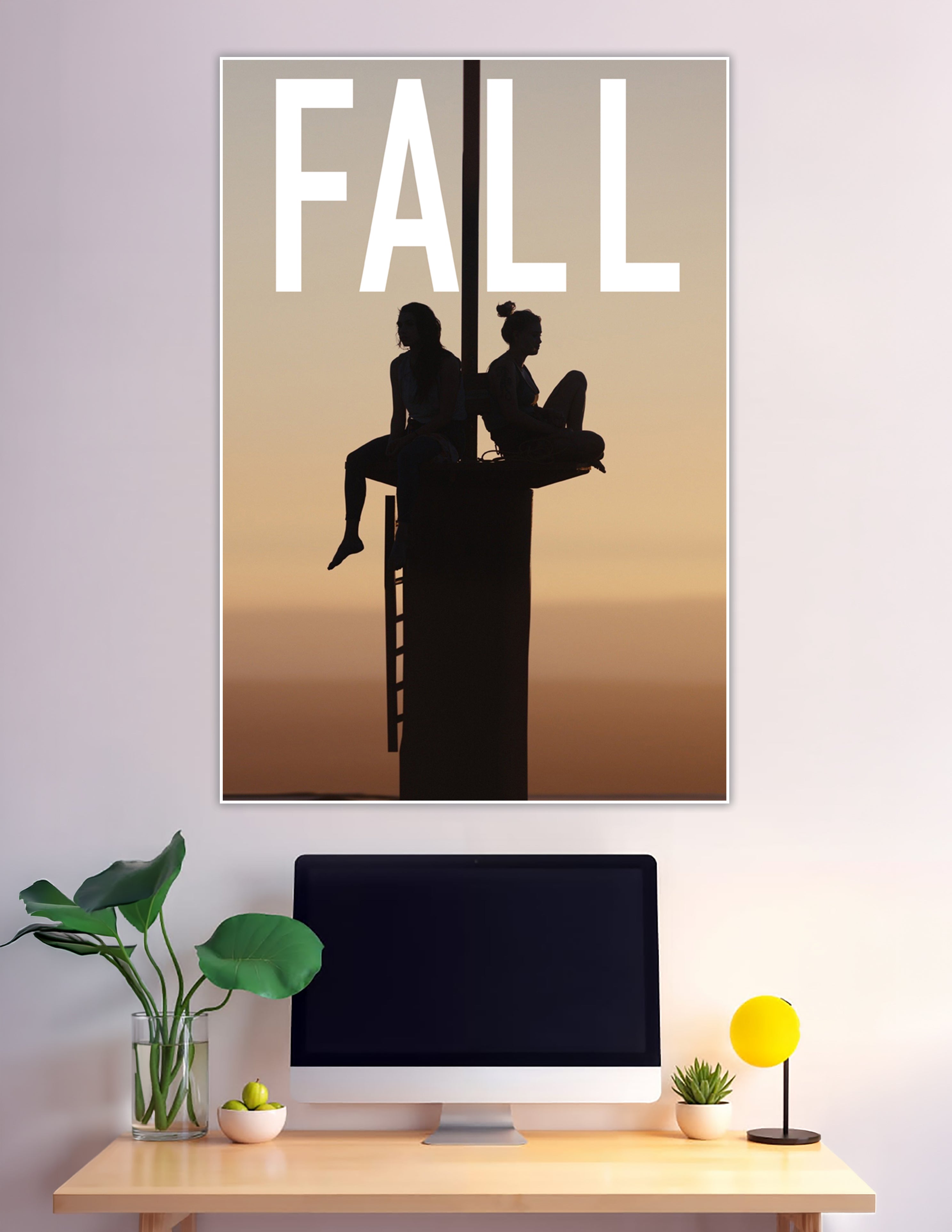 Two silhouettes sitting on tower at golden sunset FALL poster