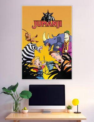Jumanji animated cartoon poster with rhino zebra and characters
