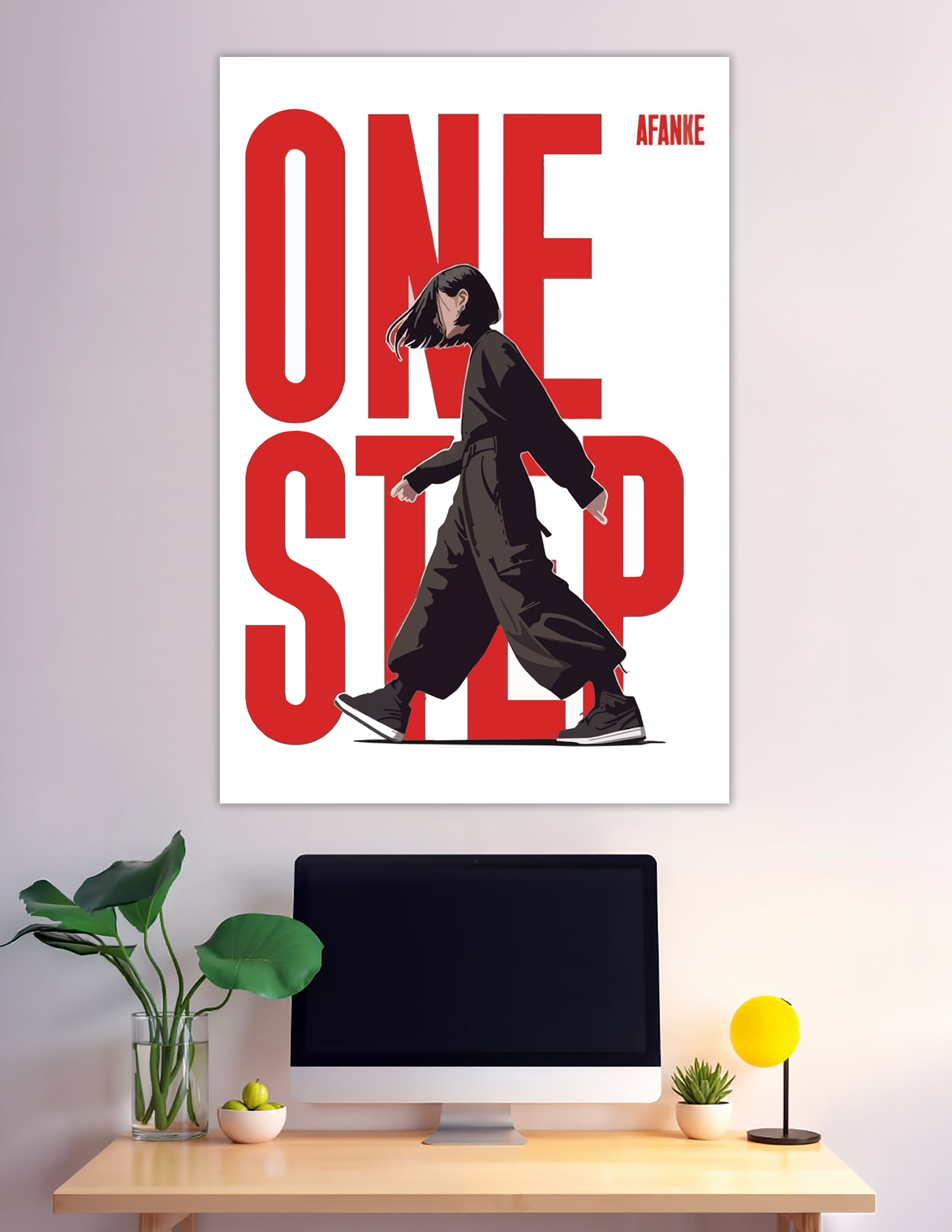 One Step bold red typography poster with walking anime figure