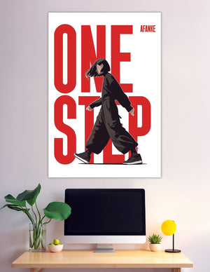 One Step bold red typography poster with walking anime figure