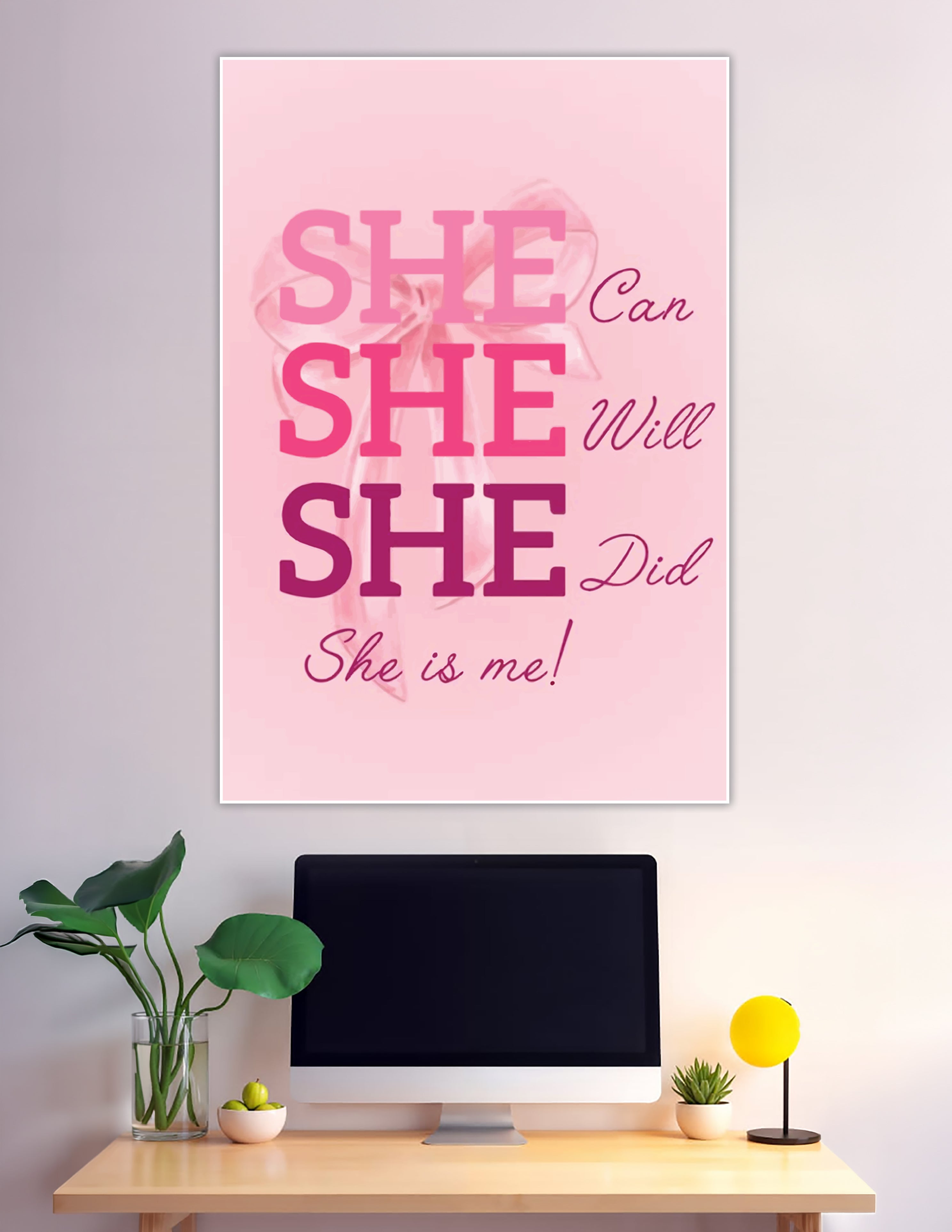 Pink empowerment poster with bold she can she will typography