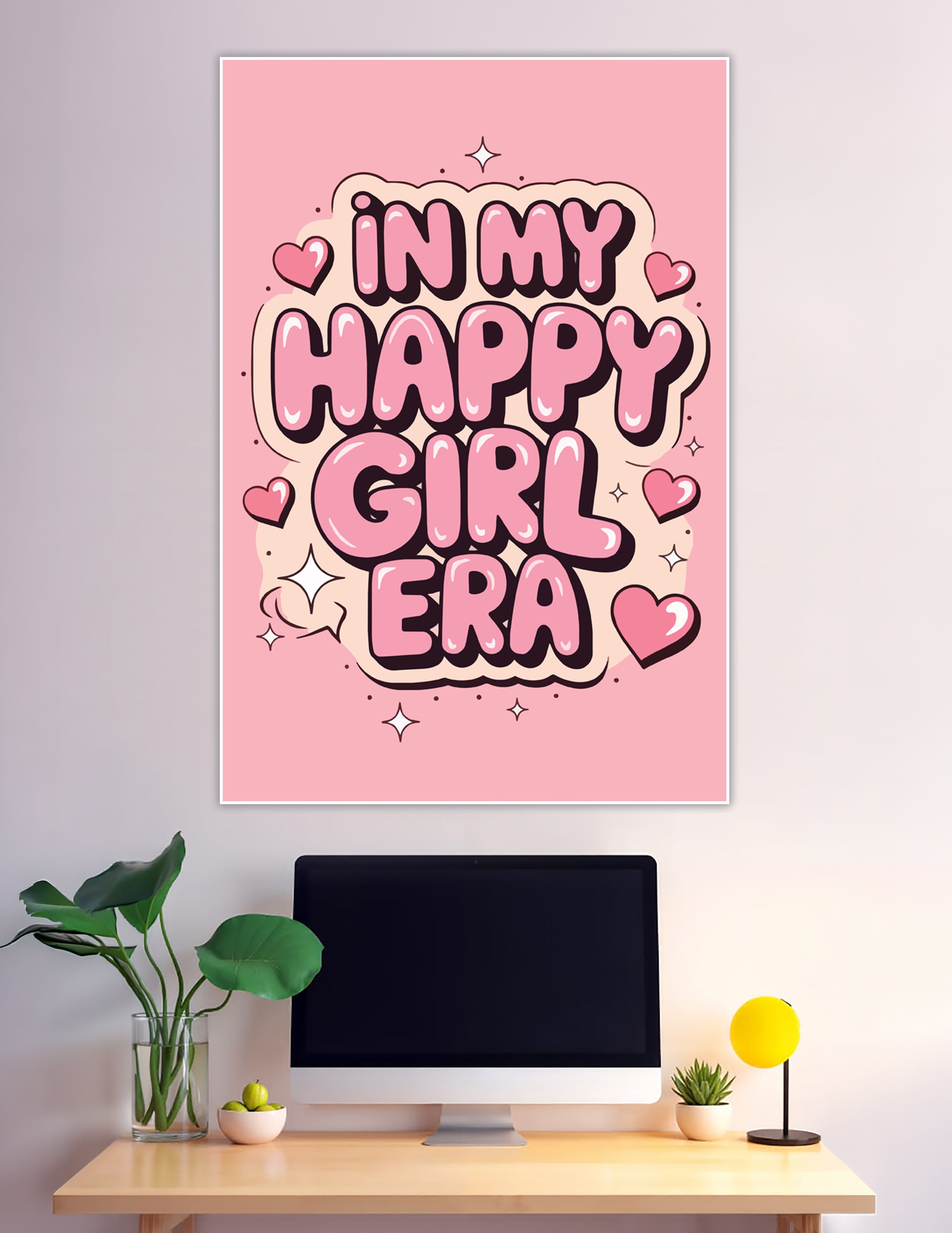 Pink bubble letter poster reading In My Happy Girl Era