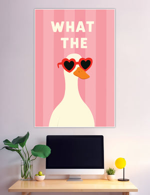 Funny duck wearing red heart sunglasses on pink striped background