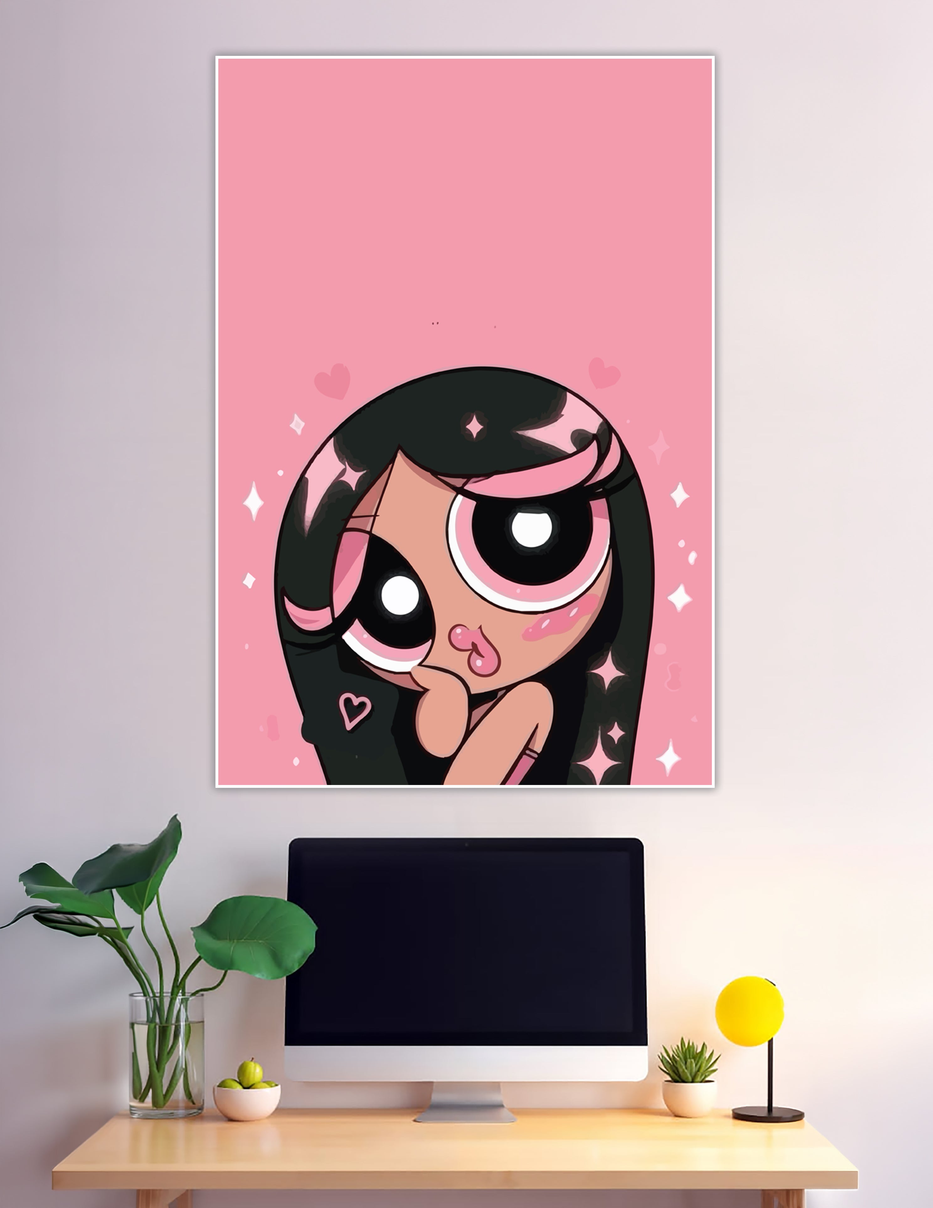 Cute pink cartoon chibi girl with sparkles and hearts