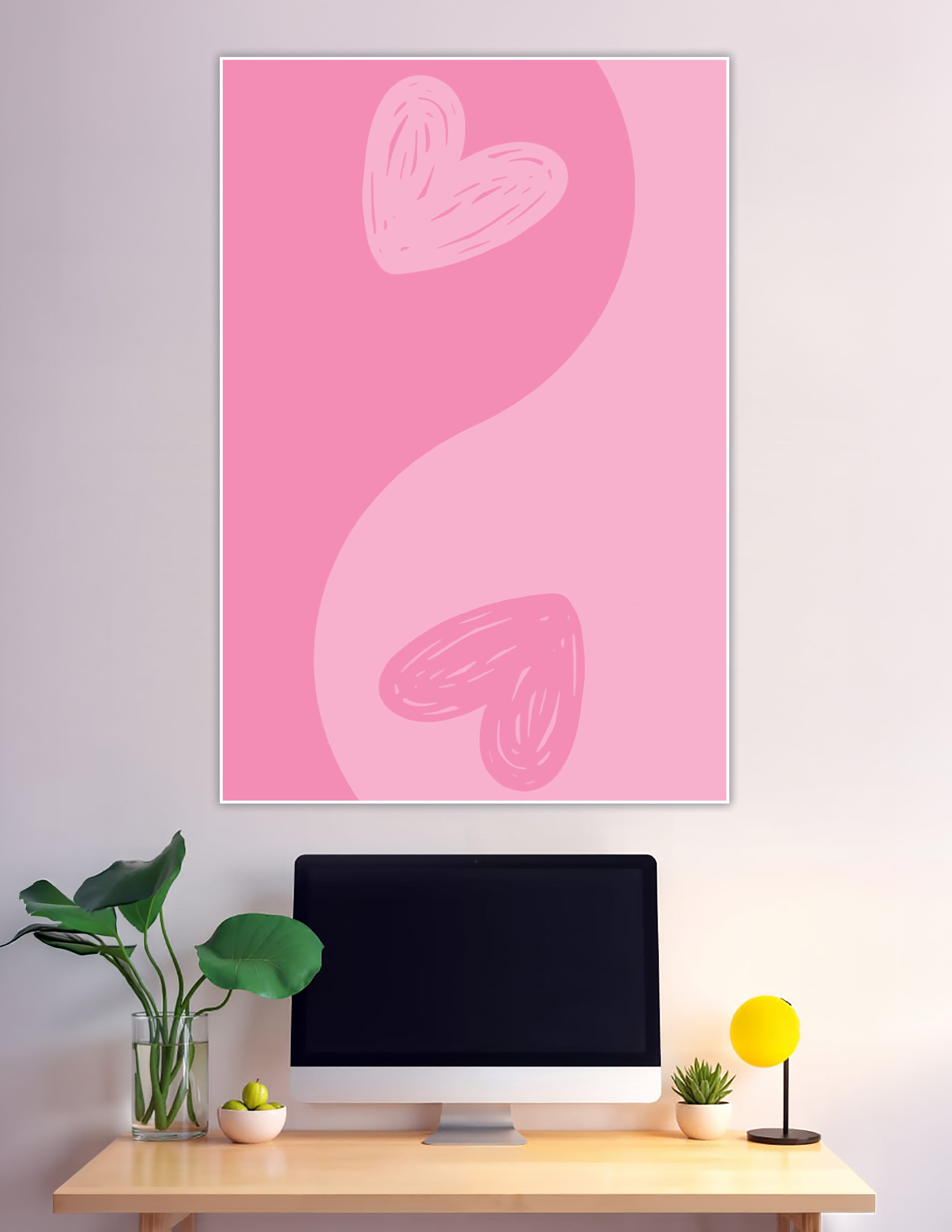 Minimalist pink poster with two hand-drawn swirling hearts