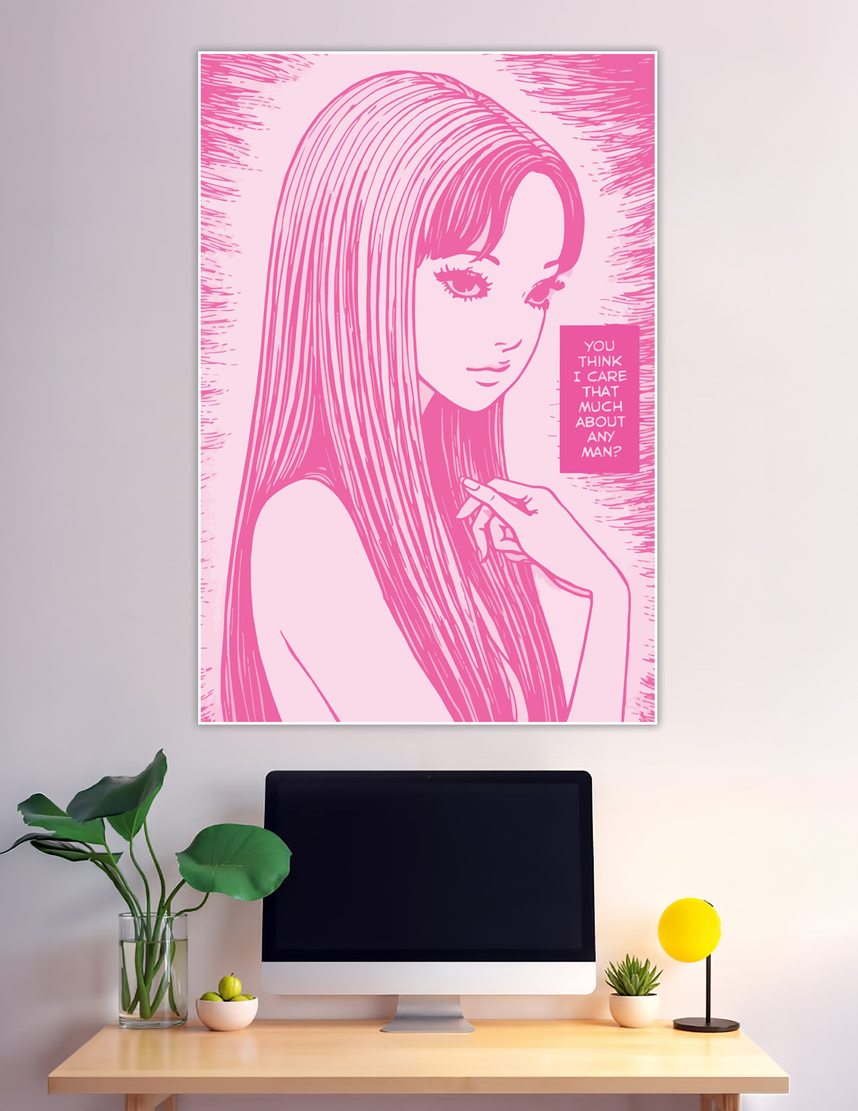 Pink retro manga girl poster with feminist quote
