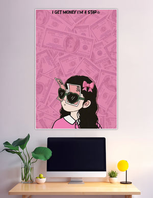 Pink anime girl with heart sunglasses and money background