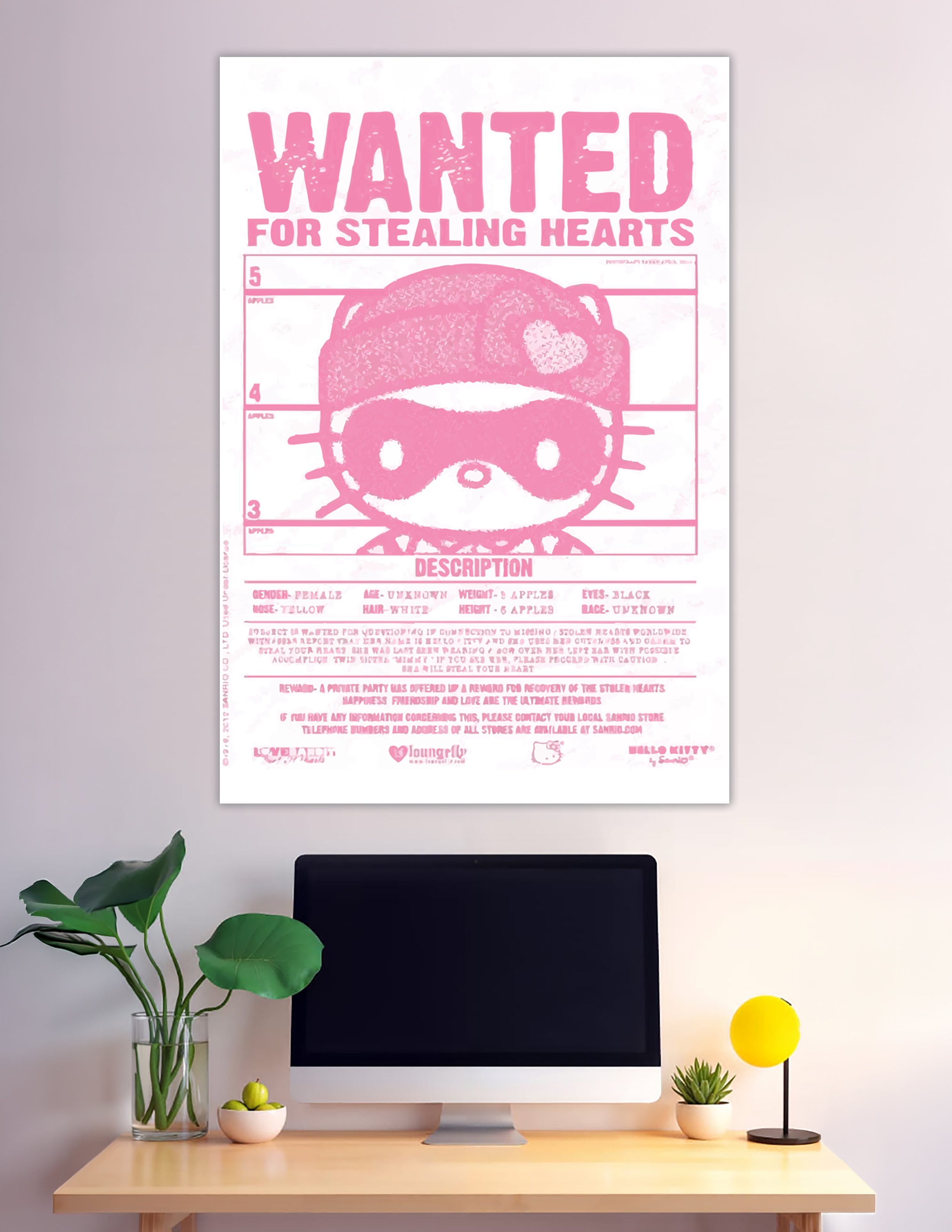 Pink Hello Kitty wanted poster for stealing hearts