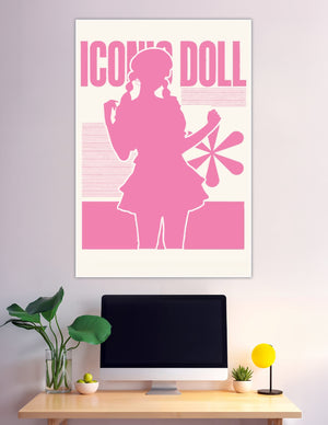Pink anime doll silhouette poster with bold typography