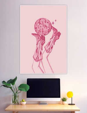 Pink illustrated cowboy boots holding a sparkling disco ball