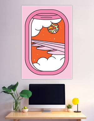 Retro pink airplane window with groovy psychedelic planet view