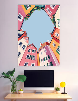 Illustrated worm's-eye view of colorful European buildings and sky