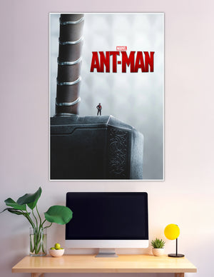 Marvel Ant-Man standing on Thor's hammer Mjolnir poster