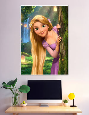 Rapunzel smiling in enchanted forest with glowing lanterns