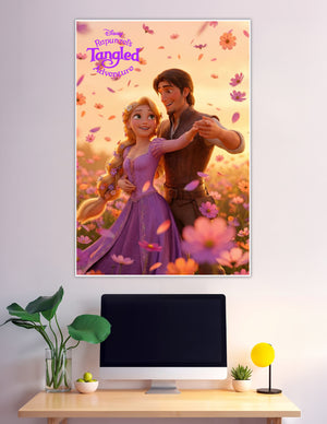 Rapunzel and Flynn Rider dancing in a flower field