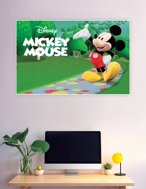 Disney Mickey Mouse waving on colorful polka-dot path poster