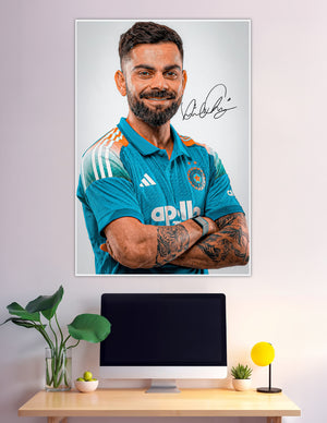 Virat Kohli smiling in Team India teal cricket jersey