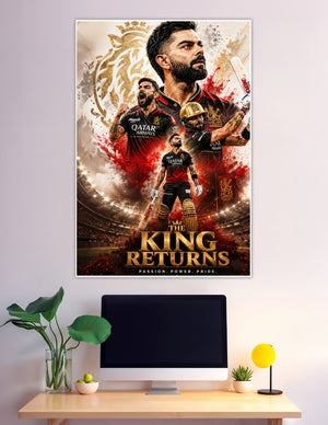 RCB cricket king returns dramatic red gold sports poster