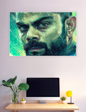 Hyper-detailed digital portrait of intense bearded man green tones