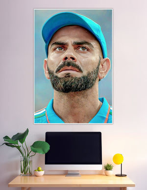 Indian cricket player intense close-up portrait blue jersey