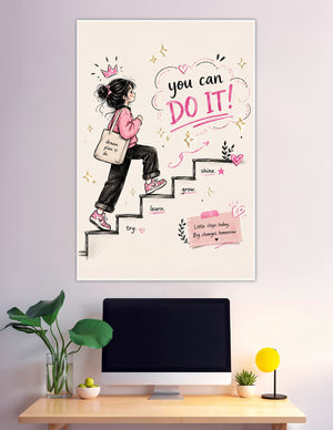 Illustrated girl climbing stairs with motivational pink quote poster