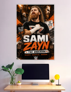 Sami Zayn WWE Underdog poster orange black arena design