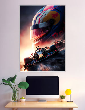 Red Bull F1 racing helmet and speeding Formula 1 car poster
