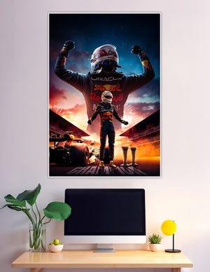Red Bull F1 driver celebrating championship victory with trophies
