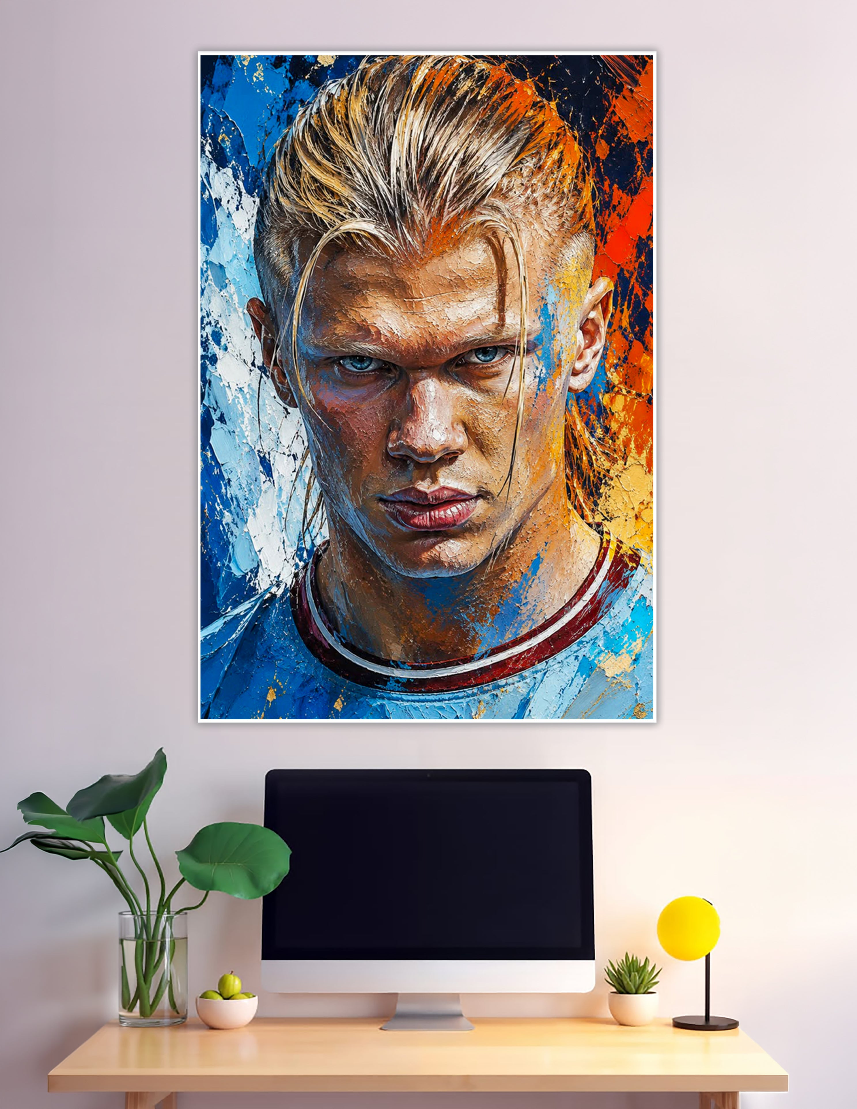 Oil painting style portrait of intense blonde male footballer