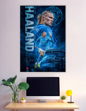 Erling Haaland Manchester City number 9 electric blue poster